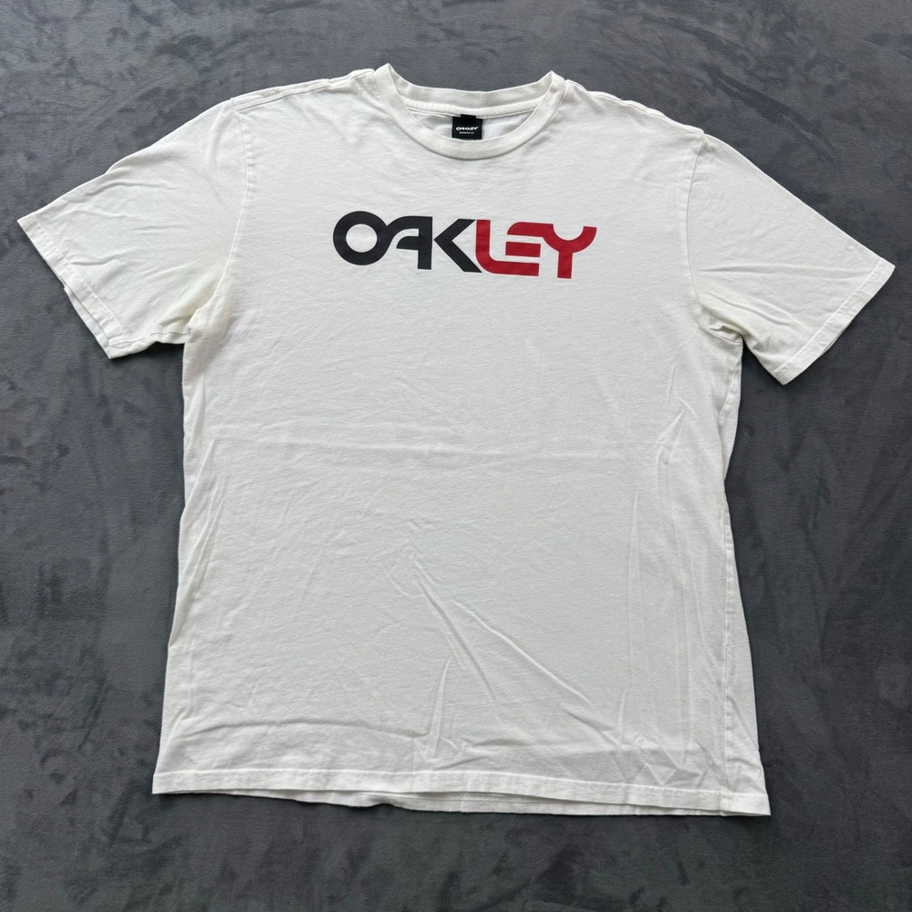 Oakley Mens Logo Graphic T-Shirt White Large Regular Fit Short Sleeve Crewneck